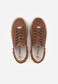 Renee - Brązowe Perforowane Sneakersy ze Skóry Naturalnej na Platformie i Koturnie Risyla. Kolor: brązowy. Materiał: skóra. Obcas: na koturnie #6