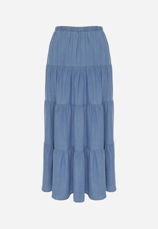 Born2be - Niebieska Rozkloszowana Spódnica z Lyocellu z Wysokim Stanem i Falbanami Emorithia. Okazja: na co dzień. Stan: podwyższony. Kolor: niebieski. Materiał: materiał. Styl: casual, klasyczny