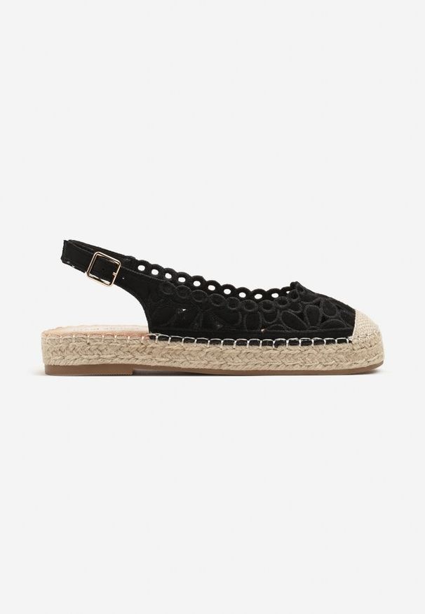 Born2be - Czarne Sandały Espadryle Slingback z Plecionką i Ażurową Cholewką Loriene. Okazja: na co dzień. Zapięcie: pasek. Kolor: czarny. Wzór: ażurowy. Obcas: na obcasie. Styl: casual, elegancki. Wysokość obcasa: niski