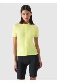 4f - Koszulka rowerowa rozpinana damska - żółta. Kolor: żółty. Materiał: skóra, materiał, syntetyk, elastan, dzianina, włókno. Długość rękawa: krótki rękaw. Długość: krótkie. Wzór: gładki, jednolity, ze splotem. Sport: kolarstwo