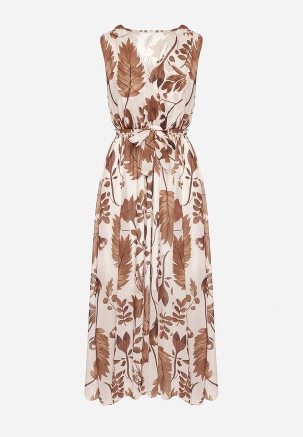 Born2be - Brązowa Kopertowa Sukienka z Wiskozą z Wiązanym Paskiem Nativire. Okazja: na co dzień. Typ kołnierza: dekolt w serek. Kolor: brązowy. Materiał: wiskoza. Typ sukienki: kopertowe. Styl: casual, elegancki, klasyczny