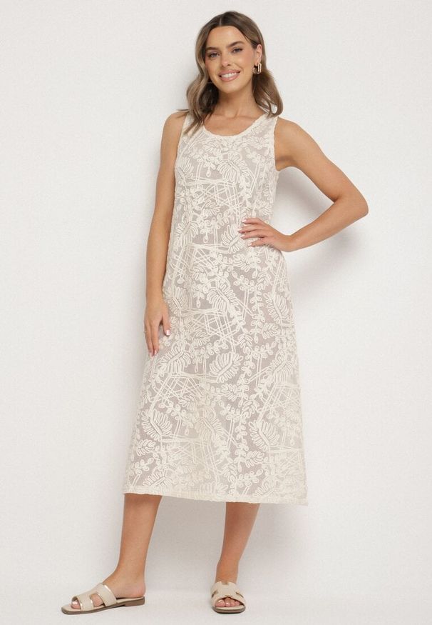 Born2be - Beżowa Szydełkowa Sukienka z Bawełny w Stylu Boho Baniretia. Okazja: na spacer, na imprezę, na co dzień. Kolor: beżowy. Materiał: bawełna. Styl: boho