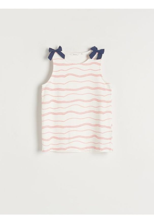 Reserved - Bluzka z kokardami - złamana biel. Typ kołnierza: kokarda. Kolor: kremowy. Materiał: bawełna, dzianina