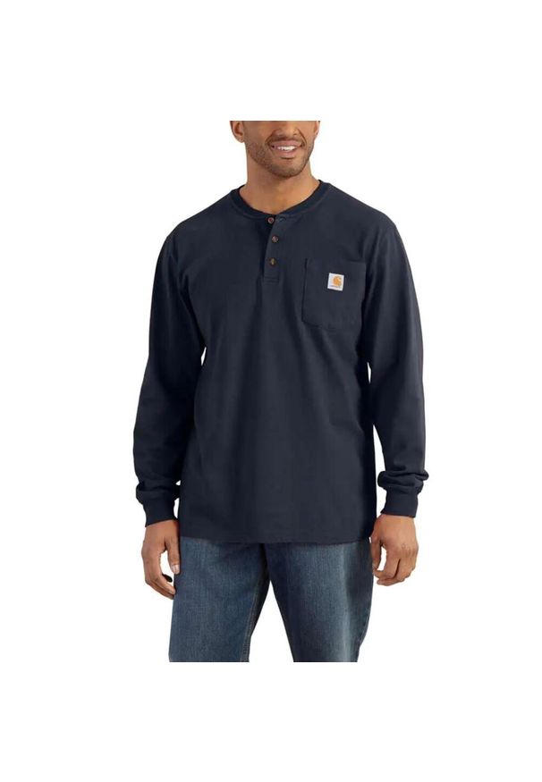 Koszulka bawełniana męska z długim rękawem Carhartt Pocket Henley L/S. Typ kołnierza: typu henley. Kolor: niebieski. Materiał: bawełna. Długość rękawa: długi rękaw. Długość: długie. Sport: turystyka piesza