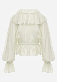 Born2be - Zielona Bluzka Elegancka z Falbanami z Rozszerzanymi Rękawami Irintora. Okazja: na co dzień. Kolor: zielony. Materiał: jeans. Długość: długie. Styl: elegancki #2