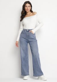 Born2be - Niebieskie Jeansy z Bawełną o Szerokim Kroju z Wysokim Stanem Tilssemi. Okazja: na co dzień. Stan: podwyższony. Kolor: niebieski. Wzór: aplikacja. Styl: casual