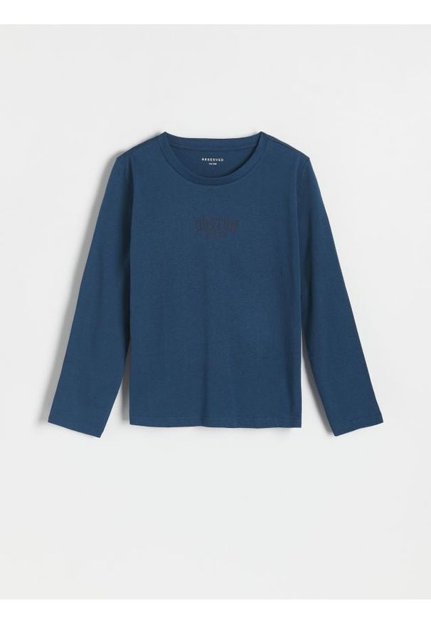 Reserved - Koszulka longsleeve z nadrukiem - granatowy. Kolor: niebieski. Materiał: bawełna, dzianina. Długość rękawa: długi rękaw. Wzór: nadruk