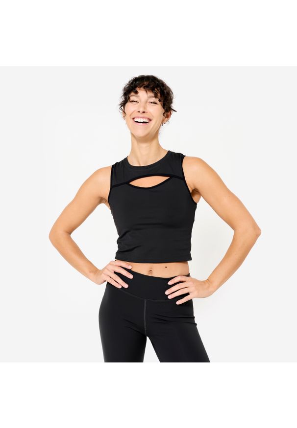 DOMYOS - Koszulka fitness damska Domyos bez rękawów. Kolor: czarny. Materiał: materiał, elastan, poliester. Długość rękawa: bez rękawów. Długość: krótkie. Sport: fitness