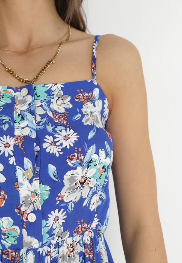 Born2be - Niebieska Sukienka na Cienkich Ramiączkach z Wiskozy w Kwiaty Kimball. Kolor: niebieski. Materiał: wiskoza. Długość rękawa: na ramiączkach. Wzór: kwiaty