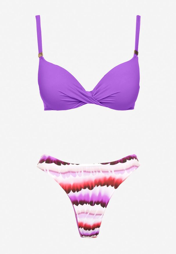 Renee - Fioletowe Bikini Majtki Figi Ozdobione Nadrukiem i Biustonosz Natinalia. Kolor: fioletowy. Wzór: aplikacja, nadruk