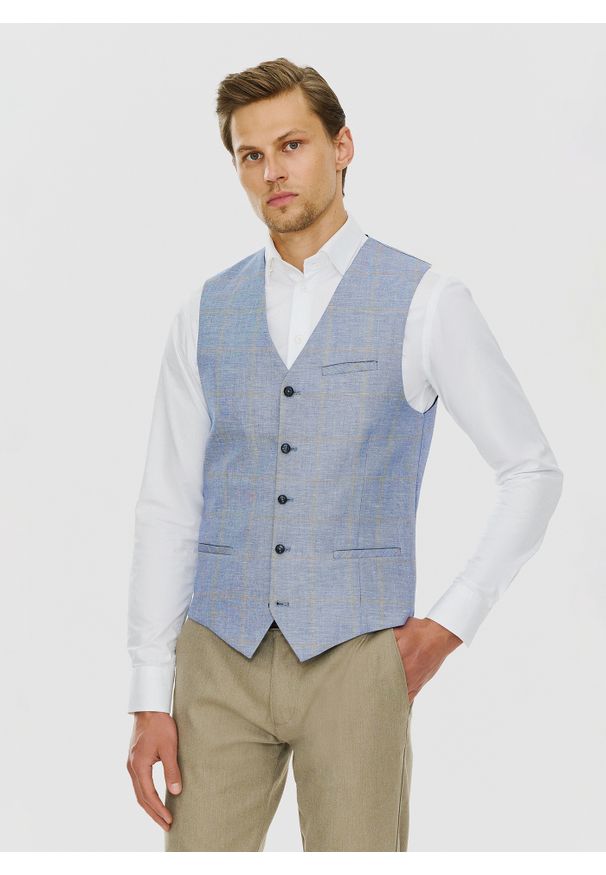 Pako Lorente - PAKO LORENTE – Męska niebieska kamizelka w kratkę. Kolor: niebieski. Wzór: kratka