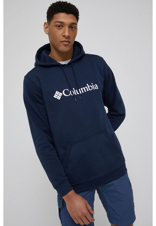 columbia - Columbia bluza męska kolor granatowy z kapturem z aplikacją. Okazja: na co dzień. Typ kołnierza: kaptur. Kolor: niebieski. Materiał: dzianina. Wzór: aplikacja. Styl: casual