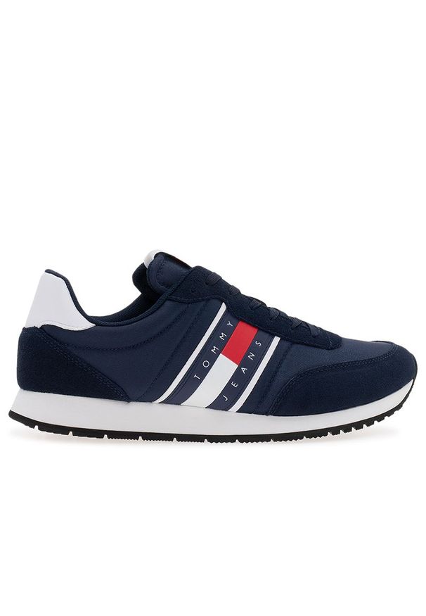 Buty Tommy Jeans TJM Runner Casual EM0EM01351-C1G - granatowe. Okazja: na co dzień. Zapięcie: sznurówki. Kolor: niebieski. Materiał: materiał, skóra, syntetyk, zamsz. Szerokość cholewki: normalna. Wzór: aplikacja