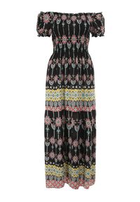 Born2be - Czarna Sukienka z Wiskozy Nesone. Typ kołnierza: dekolt hiszpanka. Kolor: czarny. Materiał: wiskoza. Wzór: aplikacja, kolorowy. Długość: midi #3