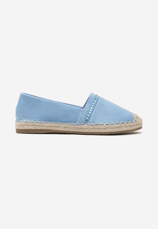 Born2be - Niebieskie Espadryle z Plecioną Podeszwą i Noskiem Effily. Kolor: niebieski. Materiał: len. Wzór: aplikacja. Sezon: lato. Obcas: na obcasie. Styl: elegancki, wizytowy. Wysokość obcasa: niski
