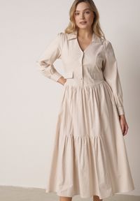 Born2be - Beżowa Bawełniano-Wiskozowa Sukienka Koszulowa z Imitacją Kieszeni Biriala. Okazja: na co dzień. Kolor: beżowy. Materiał: wiskoza, bawełna. Typ sukienki: koszulowe. Styl: casual, elegancki, klasyczny #6