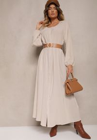Renee - Beżowa Sukienka Palane. Kolor: beżowy. Materiał: materiał. Wzór: aplikacja, gładki. Styl: klasyczny. Długość: maxi