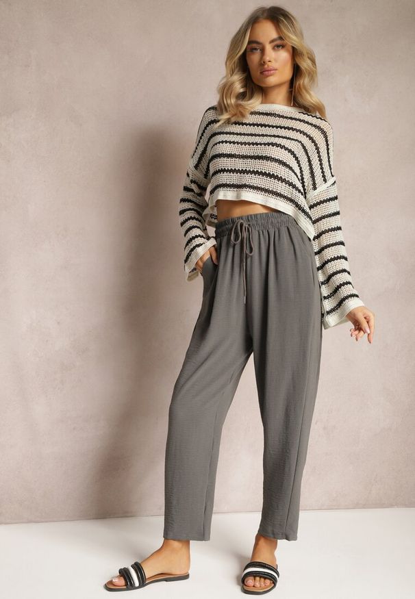 Renee - Szare Spodnie o Luźnym Fasonie ze Sznurkiem i Gumką w Talii Enivea. Okazja: na co dzień. Kolor: szary. Styl: casual, elegancki