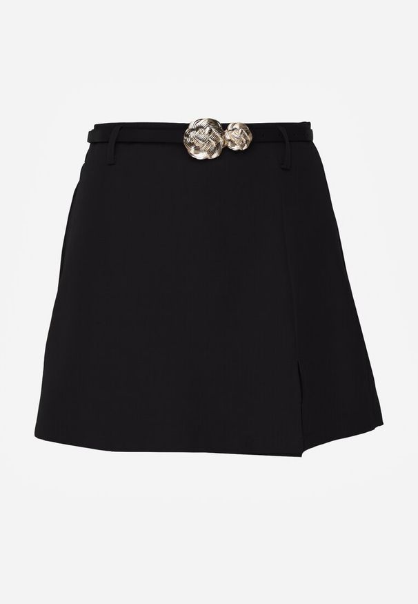 Renee - Czarne Spódnico-Szorty High Waist Ozdobione Metaliczną Aplikacją i Paskiem Retness. Okazja: na co dzień. Stan: podwyższony. Kolor: czarny. Wzór: aplikacja. Styl: casual