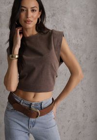 Renee - Brązowy Top z Bawełny w Stylu Grunge z Szeroką Linią Ramion Tezorea. Kolor: brązowy. Materiał: bawełna #6