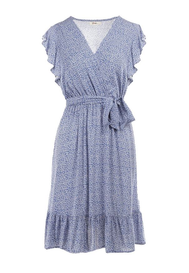 Born2be - Niebieska Sukienka z Paskiem Rartho. Typ kołnierza: kołnierz z falbankami. Kolor: niebieski. Materiał: materiał, wiskoza. Wzór: nadruk, kwiaty. Typ sukienki: rozkloszowane, kopertowe. Długość: mini