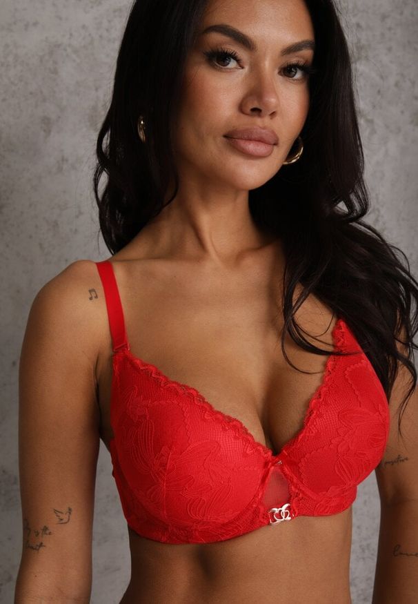 Renee - Czerwony Koronkowy Biustonosz z Metaliczną Aplikacją Dorzedi. Kolor: czerwony. Materiał: koronka. Rodzaj stanika: przezroczysty. Wzór: aplikacja