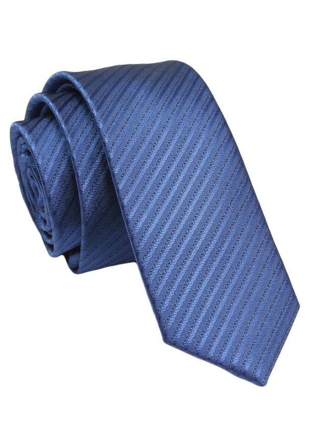Wąski Krawat - Śledź - Alties - Granatowy w Delikatny Prążek. Kolor: niebieski. Materiał: tkanina. Wzór: prążki. Styl: elegancki, wizytowy