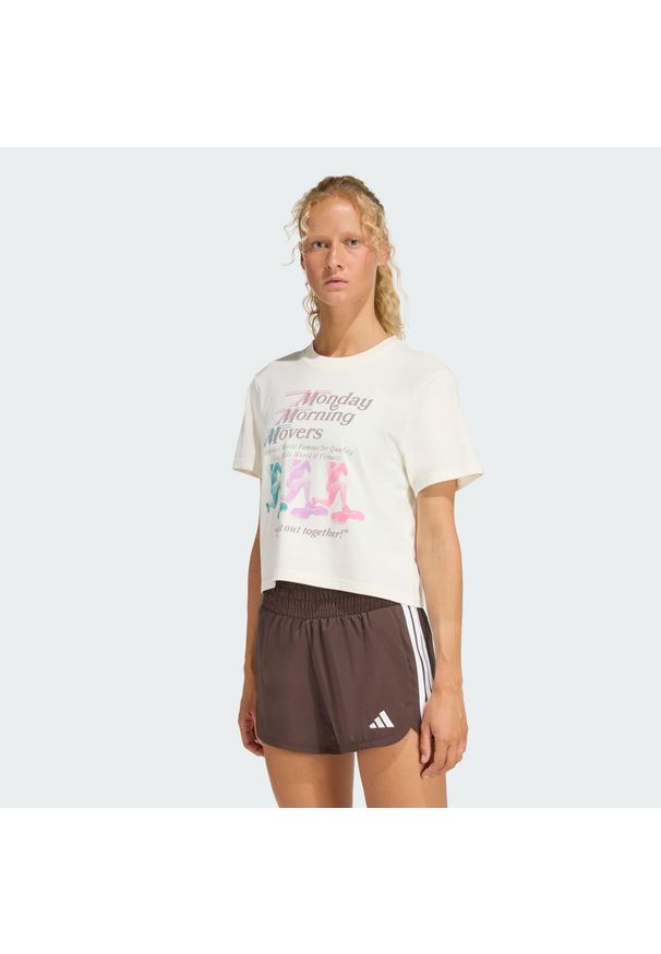 Adidas - Koszulka Lesmills Movers Graphic. Kolor: biały. Materiał: dzianina. Wzór: nadruk. Sport: fitness