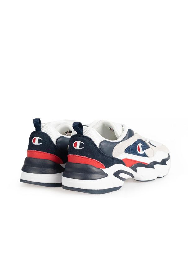 Champion Sneakersy "Tampa Low" | S31972 | Tampa Low | Kobieta | Biały, Beżowy, Granatowy. Kolor: biały, wielokolorowy, beżowy, niebieski. Materiał: skóra ekologiczna, materiał. Wzór: aplikacja