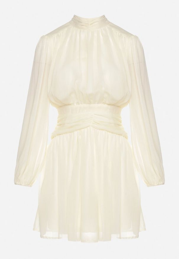 Born2be - Beżowa Sukienka Rozkloszowane ze Stójką Marszczeniami i Transparentnymi Ramionami Belabria. Okazja: na co dzień. Typ kołnierza: kołnierzyk stójkowy. Kolor: beżowy. Typ sukienki: rozkloszowane. Styl: casual, klasyczny