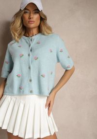 Renee - Niebieski Wzorzysty Sweter Kardigan z Krótkim Rękawem z Dodatkiem Wełny Korivelle. Okazja: na co dzień, na spotkanie biznesowe, do pracy. Kolor: niebieski. Materiał: wełna. Długość rękawa: krótki rękaw. Długość: krótkie. Styl: biznesowy, elegancki, casual #5
