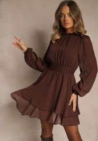 Renee - Brązowa Sukienka z Siateczki o Rozkloszowanym Kroju z Bufiastymi Rękawami Aziva. Okazja: na co dzień. Kolor: brązowy. Materiał: skóra. Typ sukienki: rozkloszowane, proste. Styl: casual #3