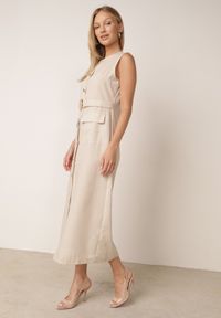 Born2be - Jasnobeżowa Elegancka Sukienka z Wiskozą i Lnem Zdobiona Paskiem z Aplikacją Pimeine. Okazja: na co dzień, do pracy. Kolor: beżowy. Materiał: len, wiskoza. Wzór: aplikacja. Sezon: lato. Typ sukienki: proste. Styl: elegancki #7