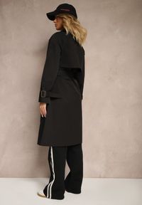 Renee - Czarny Dwurzędowy Płaszcz Trencz z Paskiem Ninnolia. Okazja: do pracy, na spacer. Kolor: czarny. Materiał: jeans. Wzór: aplikacja. Styl: klasyczny, elegancki