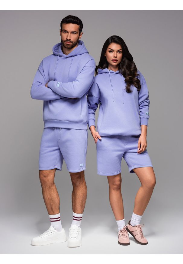 Ombre Clothing - Komplet dresowy UNISEX bluza z kapturem + szorty w stylu athleisure – lawendowe V9. Typ kołnierza: kaptur. Kolor: fioletowy. Materiał: dresówka. Długość: krótkie. Wzór: aplikacja. Styl: elegancki, sportowy