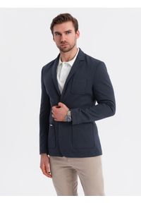 Ombre Clothing - Męska marynarka SLIM z dzianiny o subtelnej strukturze – granatowa V3 - Rozmiar: XXL. Okazja: do pracy. Kolor: niebieski. Materiał: dzianina. Wzór: kolorowy. Styl: klasyczny