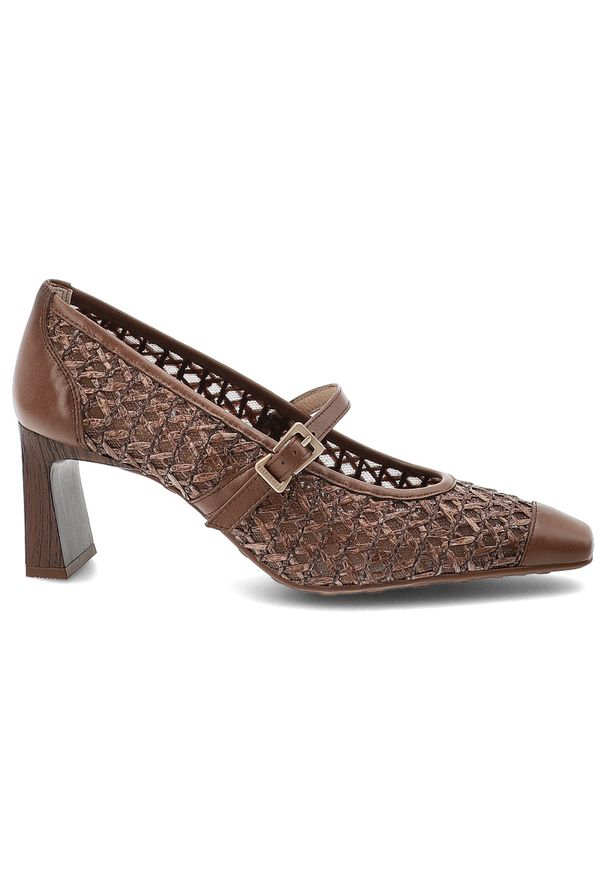 Czółenka damskie Hispanitas, z łączonych materiałów z ażurową cholewką o plecionym wykończeniu i paskiem, brązowe, RHV264609 Soho-V26. Zapięcie: pasek. Kolor: brązowy. Materiał: materiał. Szerokość cholewki: normalna. Wzór: ażurowy