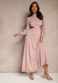 Renee - Różowa Koronkowa Koktajlowa Sukienka o Rozkloszowanym Kroju z Odkrytymi Plecami Felillia. Typ kołnierza: dekolt na plecach. Kolor: różowy. Materiał: koronka. Wzór: koronka. Typ sukienki: rozkloszowane. Styl: wizytowy #5