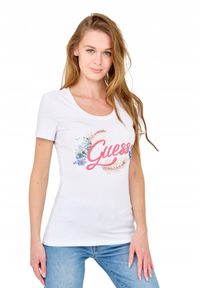 Guess - GUESS Damski biały t-shirt ze zdobionym logo, Rozmiar S. Kolor: biały. Materiał: bawełna. Wzór: aplikacja #5