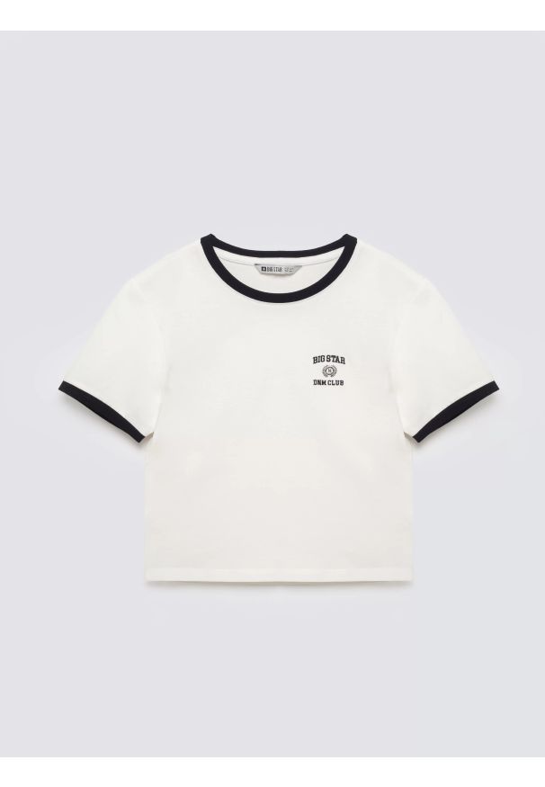 Big-Star - Koszulka dziewczęca z kontrastowym wykoŅczeniem biała Lillia 100. Okazja: na co dzień, na uczelnię. Kolor: biały. Materiał: dzianina. Wzór: nadruk. Styl: retro, młodzieżowy, casual, klasyczny, sportowy