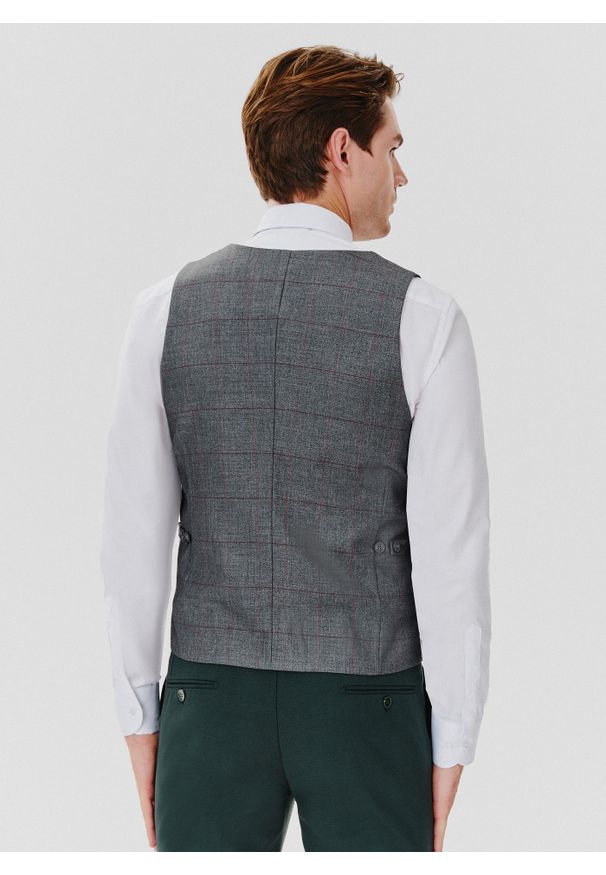 Pako Lorente - PAKO LORENTE – Szara dwurzędowa kamizelka męska w kratę. Okazja: na ślub cywilny, na wesele. Kolor: szary. Styl: elegancki, młodzieżowy