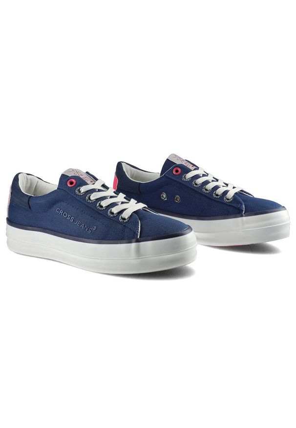 Granatowe Trampki Cross Jeans Damskie Wygodne Buty. Kolor: niebieski. Materiał: materiał, guma. Szerokość cholewki: normalna. Wzór: aplikacja. Obcas: na platformie