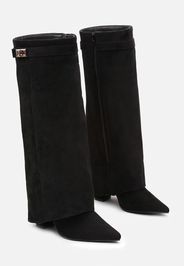 Born2be - Czarne Kozaki na Słupku z Wywiniętą Cholewką Gafsena. Okazja: na co dzień. Kolor: czarny. Materiał: jeans. Szerokość cholewki: normalna. Sezon: zima, wiosna, jesień. Obcas: na słupku. Styl: casual. Wysokość obcasa: średni