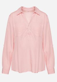 Born2be - Różowa Klasyczna Bluzka Koszula z Lnem Kołnierzykiem i Guzikami Ozdobiona Kieszeniami Evnelia. Kolor: różowy. Materiał: len. Wzór: aplikacja. Styl: klasyczny #4