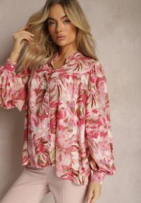 Renee - Czerwono-Różowa Koszula z Szerokimi Rękawami we Florystyczny Print Letossa. Kolor: czerwony. Wzór: nadruk #5