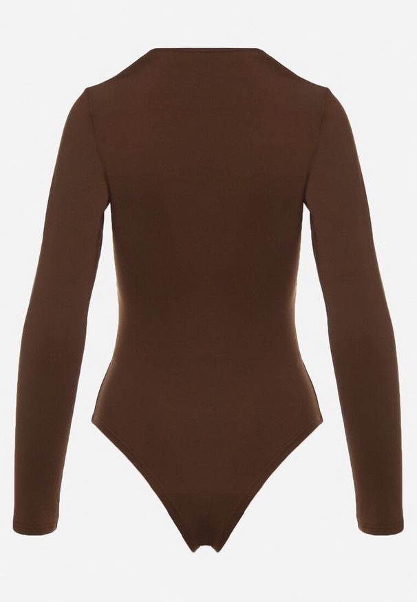 Born2be - Brązowe Body z Dekoltem w Serek i Długim Rękawem Zailea. Okazja: na co dzień, do pracy. Typ kołnierza: dekolt w serek. Kolor: brązowy. Materiał: materiał, jeans. Długość rękawa: długi rękaw. Długość: długie. Styl: klasyczny, casual