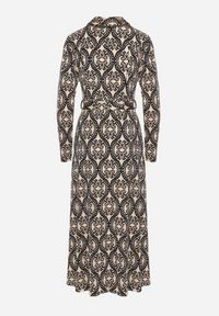 Born2be - Czarno-Beżowa Koszulowa Sukienka z Wiskozą w Ornamentalny Wzór z Wiązanym Paskiem Evathria. Okazja: na co dzień. Kolor: czarny. Materiał: wiskoza. Typ sukienki: koszulowe. Styl: casual, elegancki, klasyczny #5