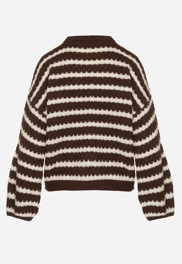 Born2be - Ciemnobrązowy Sweter Oversize z Wełną i Wiskozą o Luźnym Splocie w Paski Ternose. Okazja: na co dzień. Kolor: brązowy. Materiał: wełna, wiskoza. Wzór: paski, ze splotem. Styl: casual, klasyczny