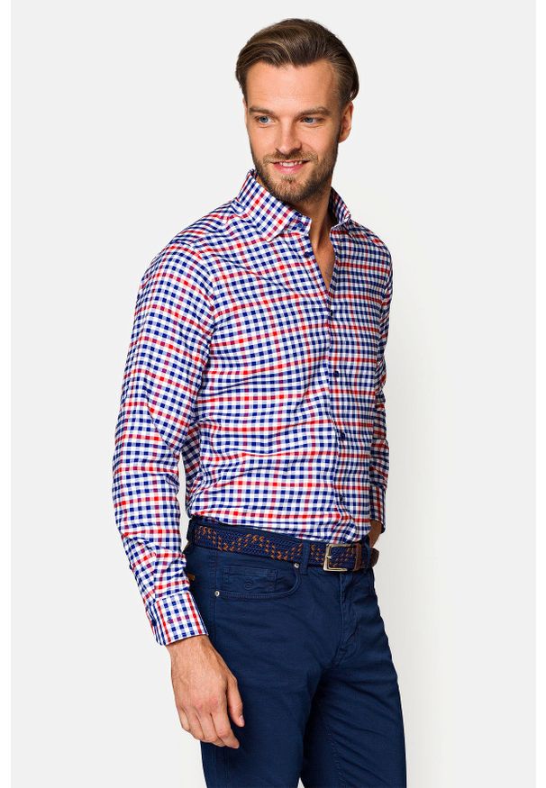 Lancerto - Koszula w Granatowo-Czerwoną Kratę Meadow. Kolor: wielokolorowy, niebieski, czerwony. Materiał: jeans, tkanina, bawełna. Wzór: kolorowy, ze splotem