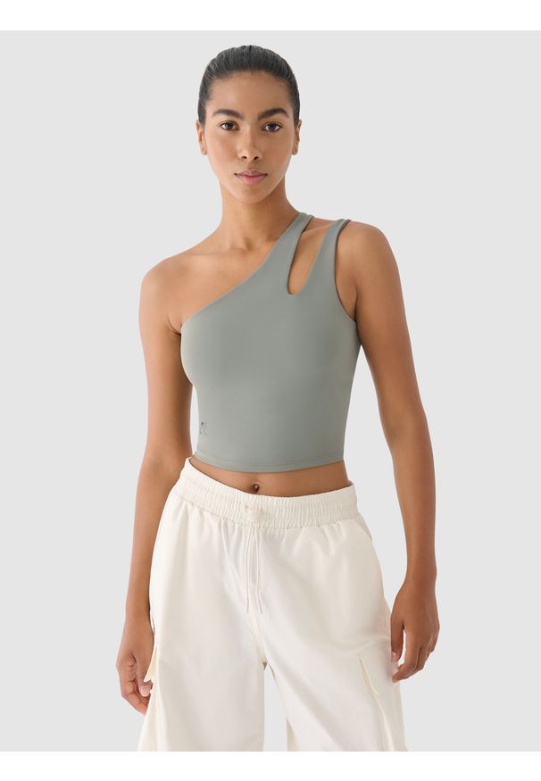 4f - 4F Crop top treningowy na jedno ramię 4F x Anna Lewandowska - khaki S. Kolor: brązowy, wielokolorowy, oliwkowy. Materiał: materiał, elastan, syntetyk, dzianina, włókno, guma. Długość rękawa: na ramiączkach. Wzór: ze splotem, gładki, jednolity. Sport: joga i pilates, fitness